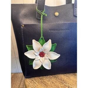 Christmas Purse Charm White Flower poinsettia Charm Genuine Leather NEW